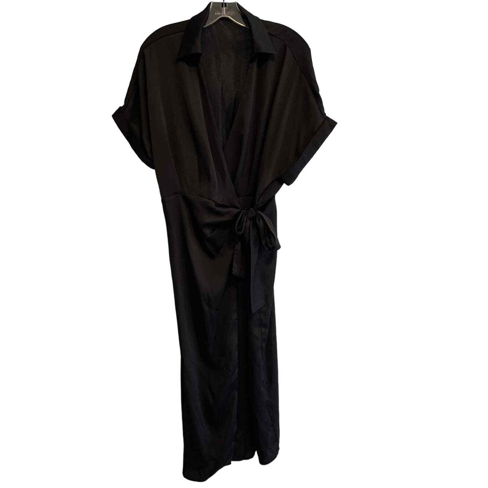 Shein Black Wrap Midi Dress Short Sleeve Collared V-Neck Tie Waist Size L 8/10